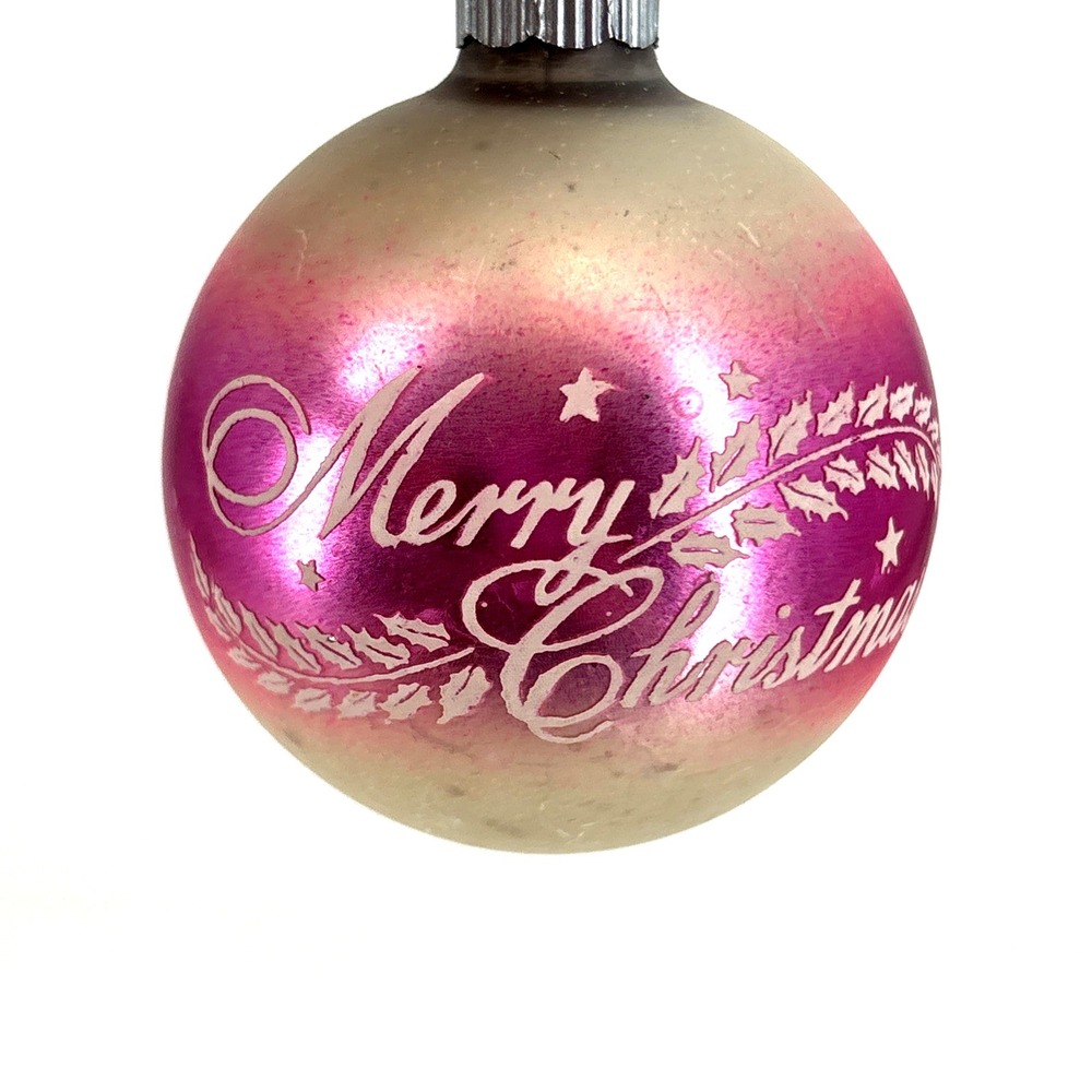 VTG Shiny Brite Pink White Ombre Merry Christmas Ornament Stenciled
